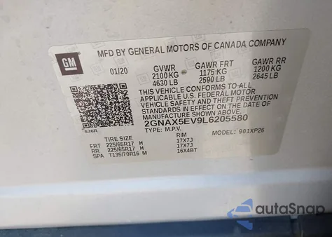 2020 Chevrolet Equinox Awd 1Fl z USA, uszkodzony, nr VIN 2GNAX5EV9L6205580